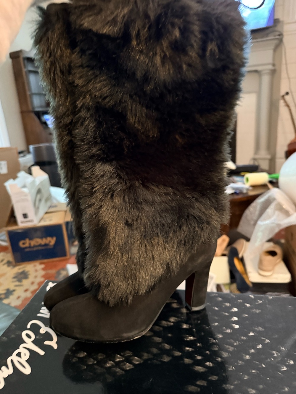 Sam Edelman Black Faux Fur Knee-High Heeled Boots SIZE 7